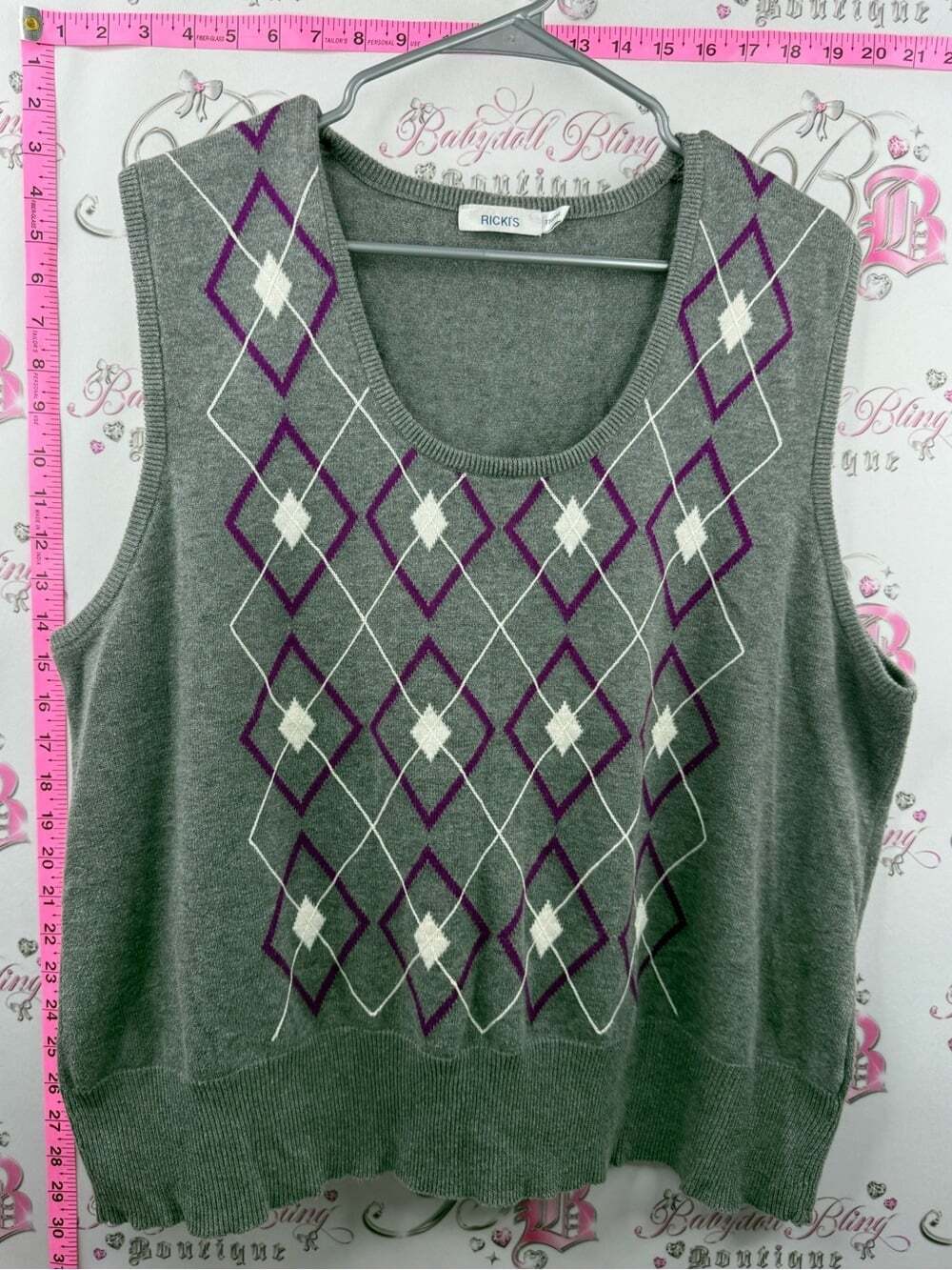 Ricki's tank top Gray Argyle Knit Sweater Vest with Purple Diamonds